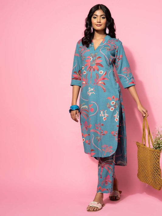 Blue Floral Printed Straight Kurta with Pant (Set of 2)