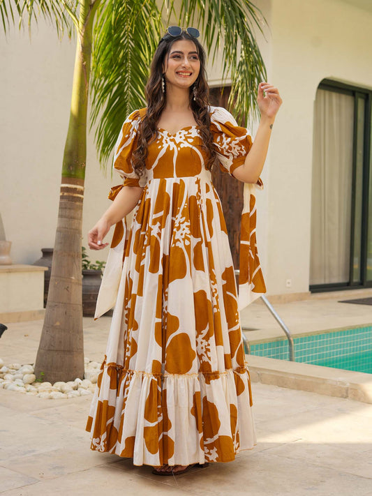 Brown Floral Printed Rayon Tiered Dress