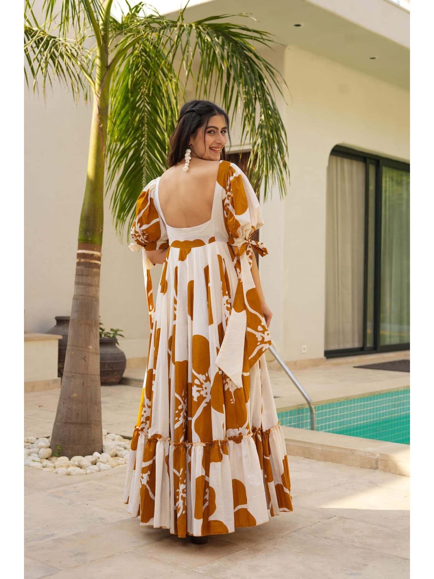 Brown Floral Printed Rayon Tiered Dress
