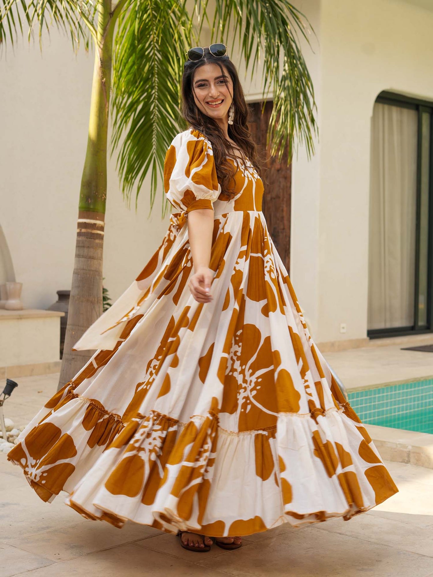 Brown Floral Printed Rayon Tiered Dress