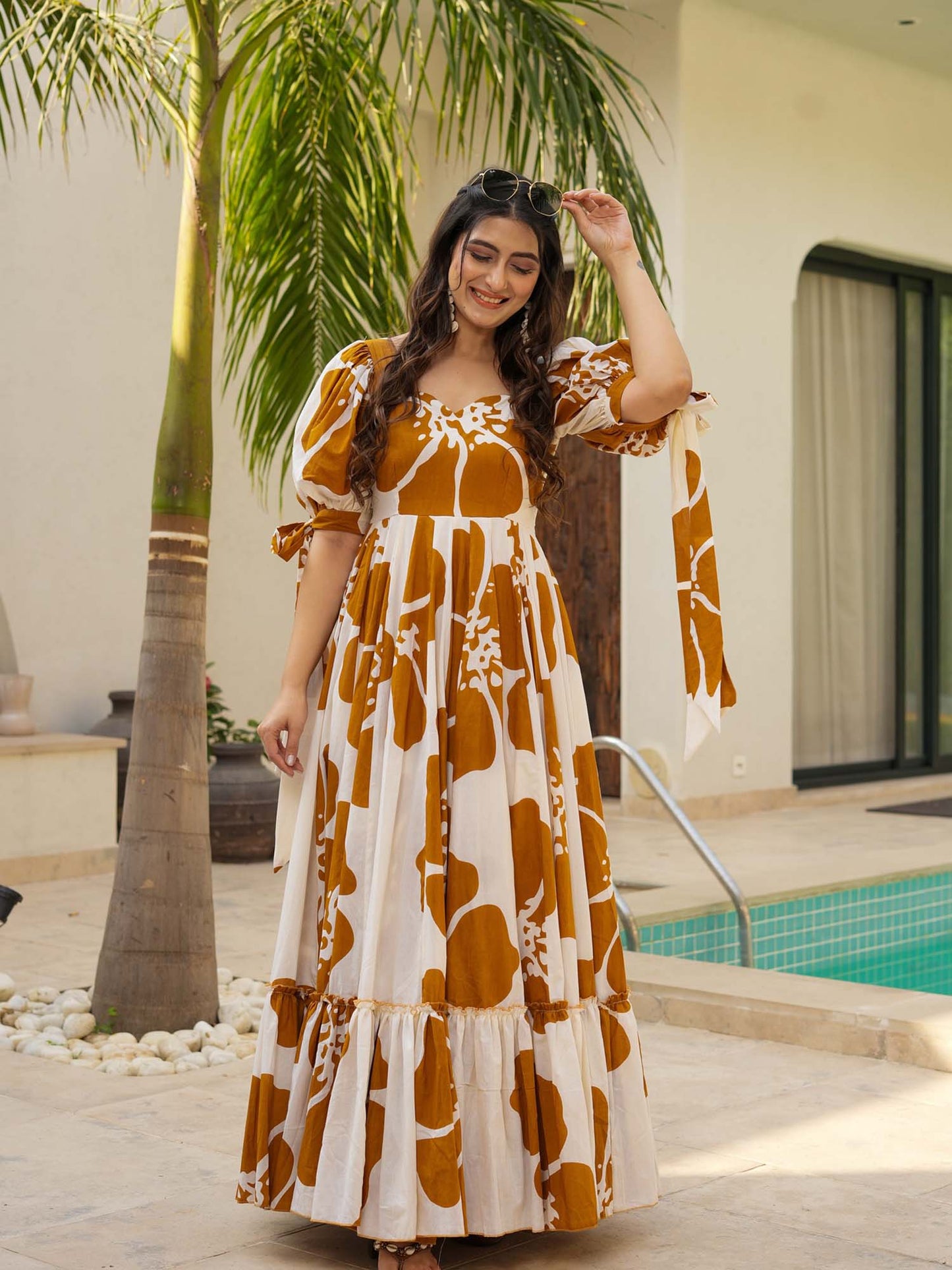 Brown Floral Printed Rayon Tiered Dress