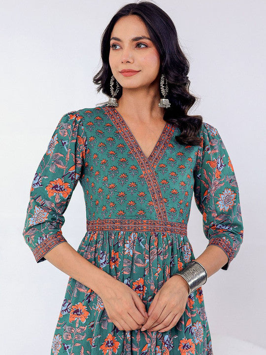 GULAB CHAND TRENDS Floral Printed V-Neck Cotton Gathered Fit & Flare Midi Ethnic Dress