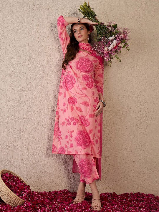 Indo Era Women Floral Printed Regular Pure Cotton Kurta with Trousers & With Dupatta