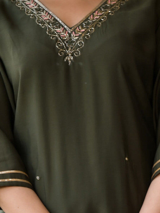 Floral Regular Beads and Stones Pure Silk Kurta with Trousers & Dupatta