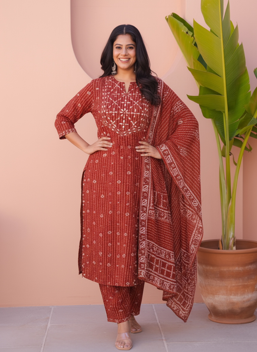 Embroidered Viscose Butta Straight Maroon Kurta