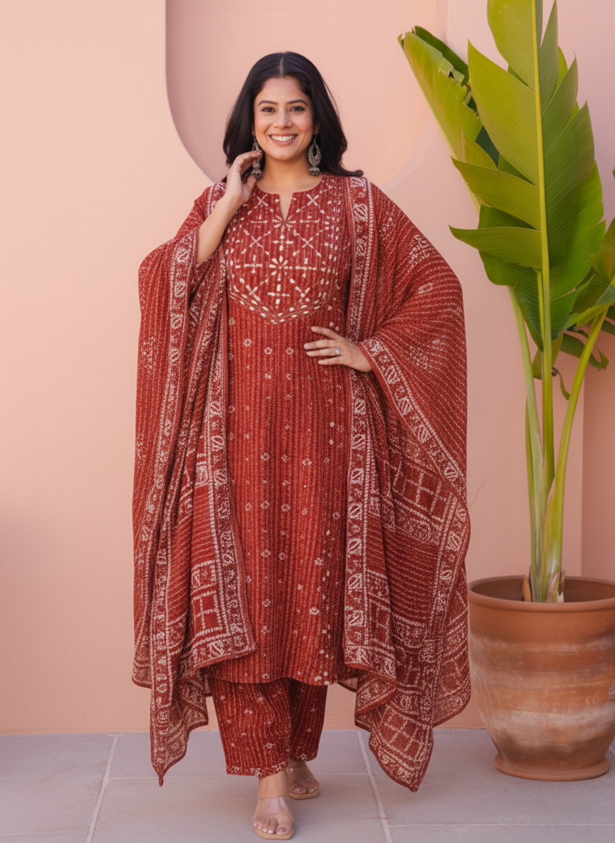 Embroidered Viscose Butta Straight Maroon Kurta