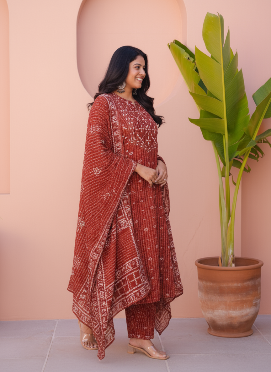Embroidered Viscose Butta Straight Maroon Kurta