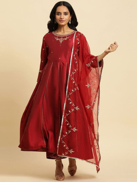 W Floral Embroidered Anarkali Kurta with Trousers & With Dupatta