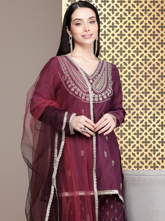 House of Pataudi Jashn Yoke Design Sequinned Zari Work Kurti With Sharara & Dupatta