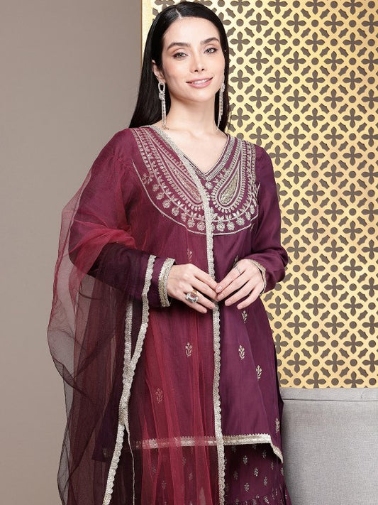 House of Pataudi Jashn Yoke Design Sequinned Zari Work Kurti With Sharara & Dupatta