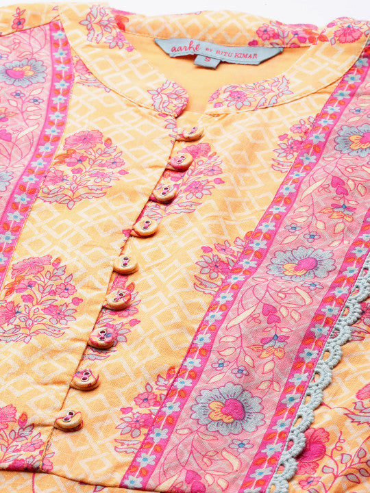 aarke Ritu Kumar Yellow A-Line Printed Tiered Dress