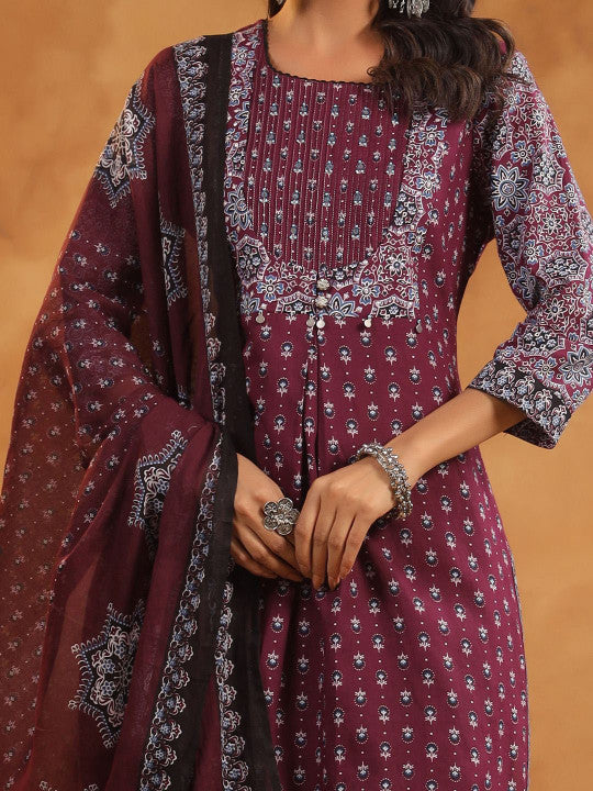 Indo Era Floral Printed Pure Cotton Kurta With Trousers And Dupatta