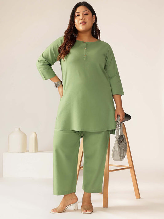 Women's Plus Size Green Cotton Solid A-Line Co-Ord (Set of 2)