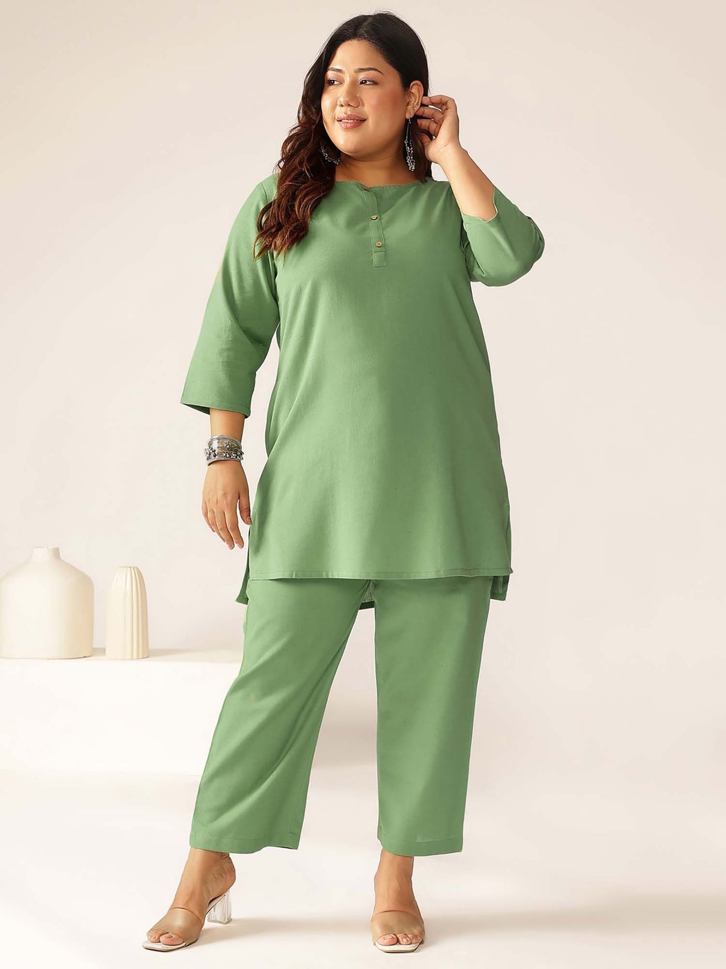 Women's Plus Size Green Cotton Solid A-Line Co-Ord (Set of 2)