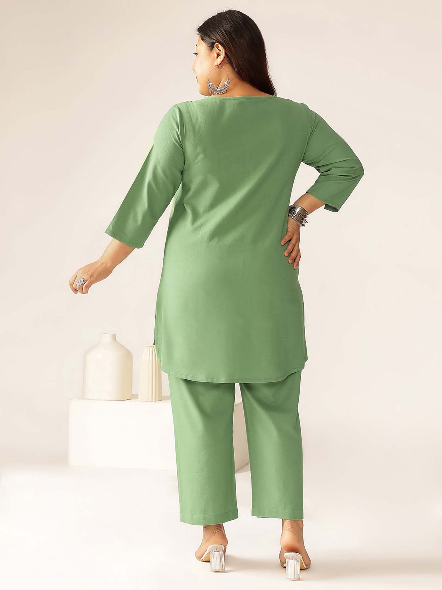 Women's Plus Size Green Cotton Solid A-Line Co-Ord (Set of 2)