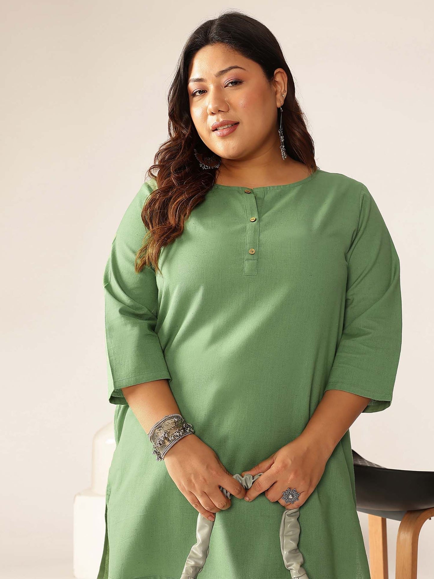 Women's Plus Size Green Cotton Solid A-Line Co-Ord (Set of 2)