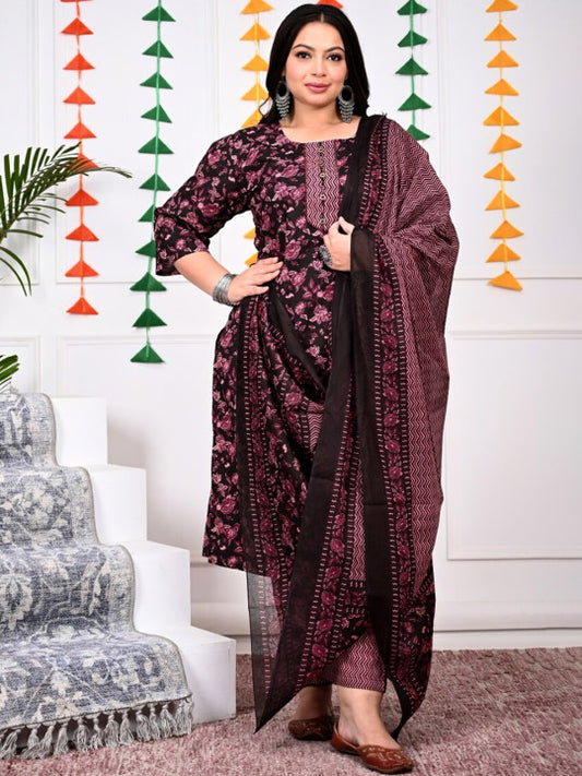 Swasti Plus Size Ethnic Motifs Printed Pure Cotton Kurta with Trousers & Dupatta