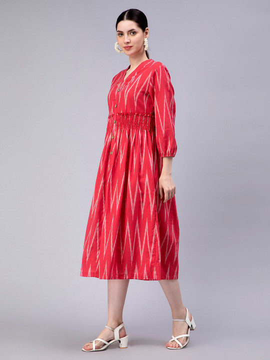 ENTELLUS Geometric Printed V-Neck Smocked Cotton A-Line Midi Dress
