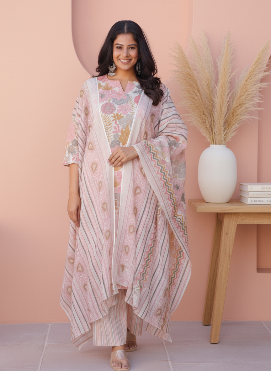Soft Cotton Floral Straight Pink Kurta