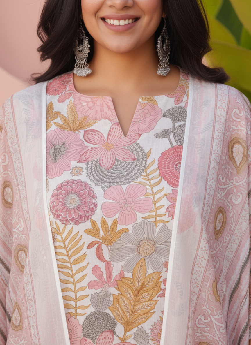 Soft Cotton Floral Straight Pink Kurta
