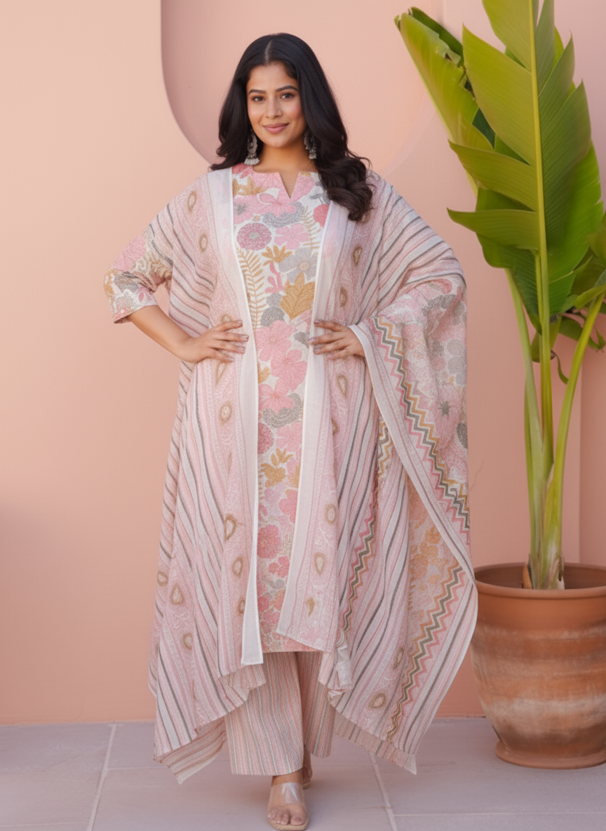 Soft Cotton Floral Straight Pink Kurta