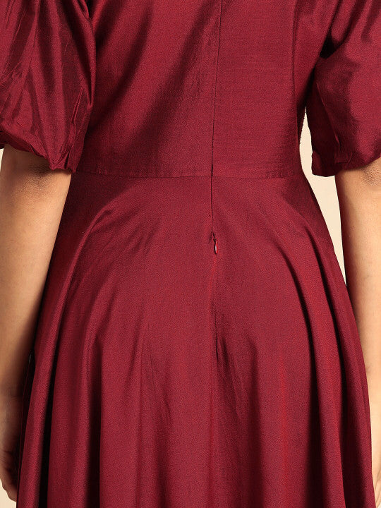 anayna Maroon Solid Puff Sleeves V Neck Embroidered Detail Midi Dress