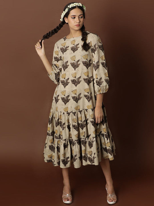 BLACK & BLAH BLAH Ajrak Handblock Printed Relaxed Fit Cotton Flared Maxi Ethnic Dress