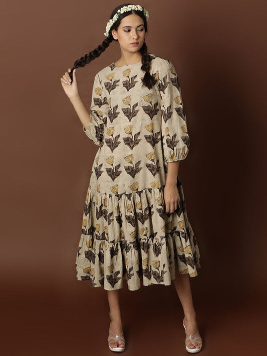 BLACK & BLAH BLAH Ajrak Handblock Printed Relaxed Fit Cotton Flared Maxi Ethnic Dress