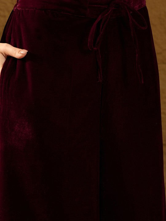 House of Pataudi Yoke Design Notch Neck Velvet Kurta