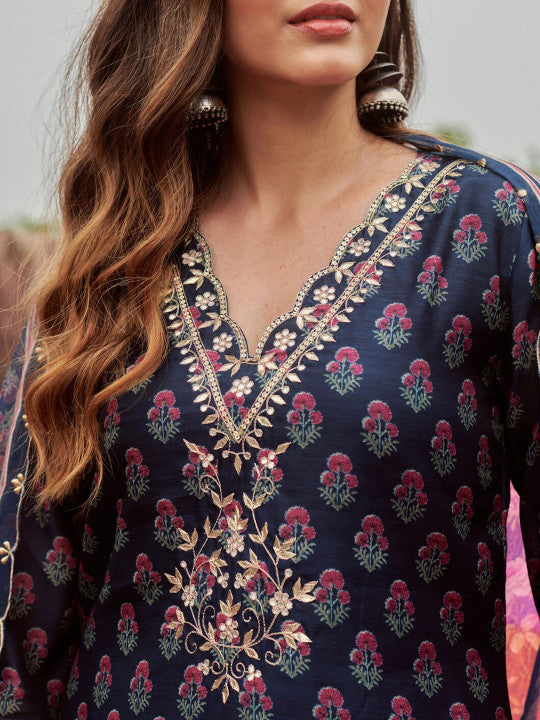 Floral Printed V-Neck Gotta Patti Straight Kurta With Trouser & Dupatta