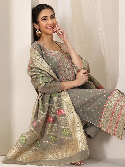Floral Woven Design Notch Neck Chanderi Silk Straight Kurta