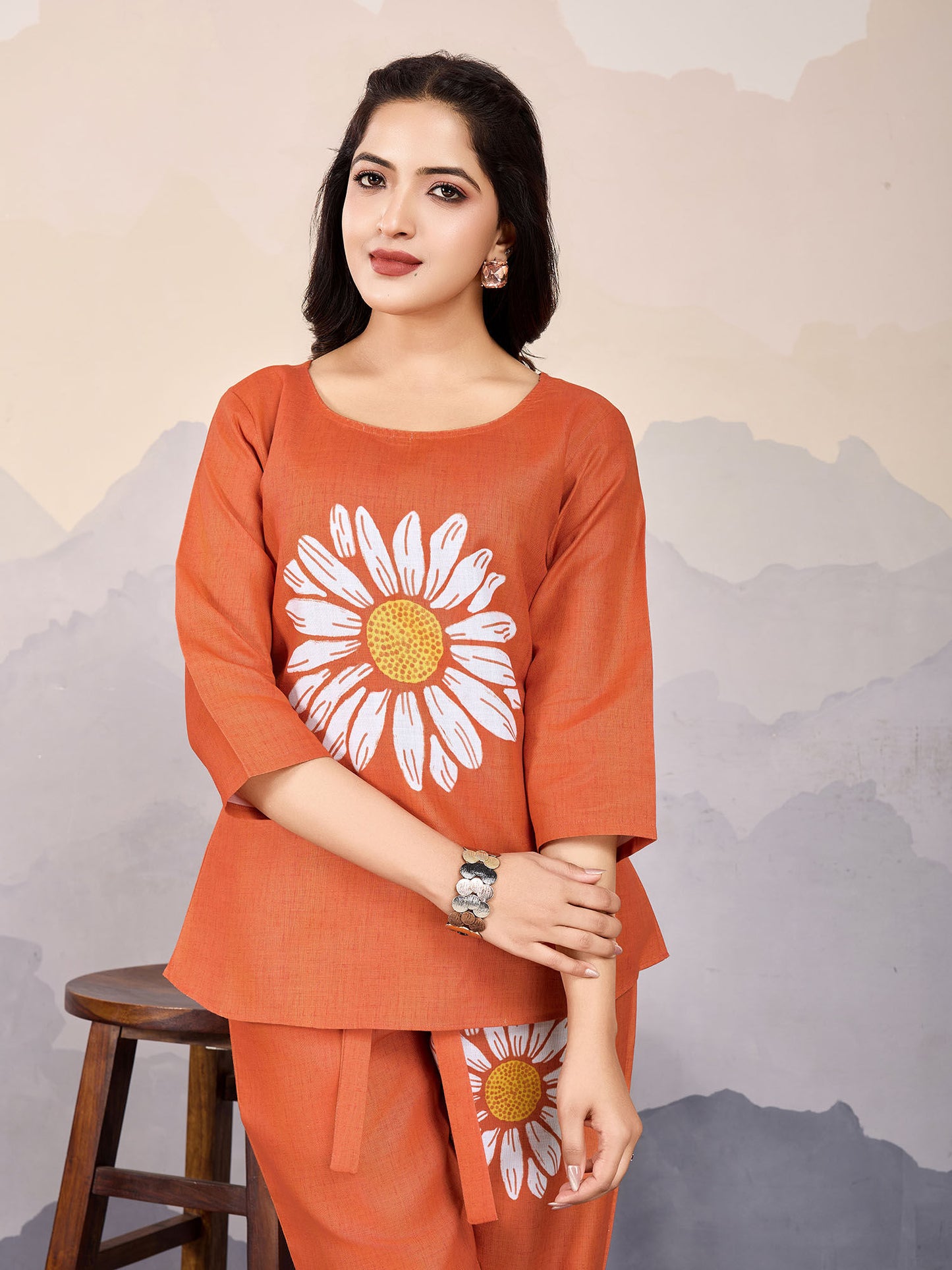 Women's Orange Linen Silk Sunflower Printed Causal Co-Ords (Set of 2)