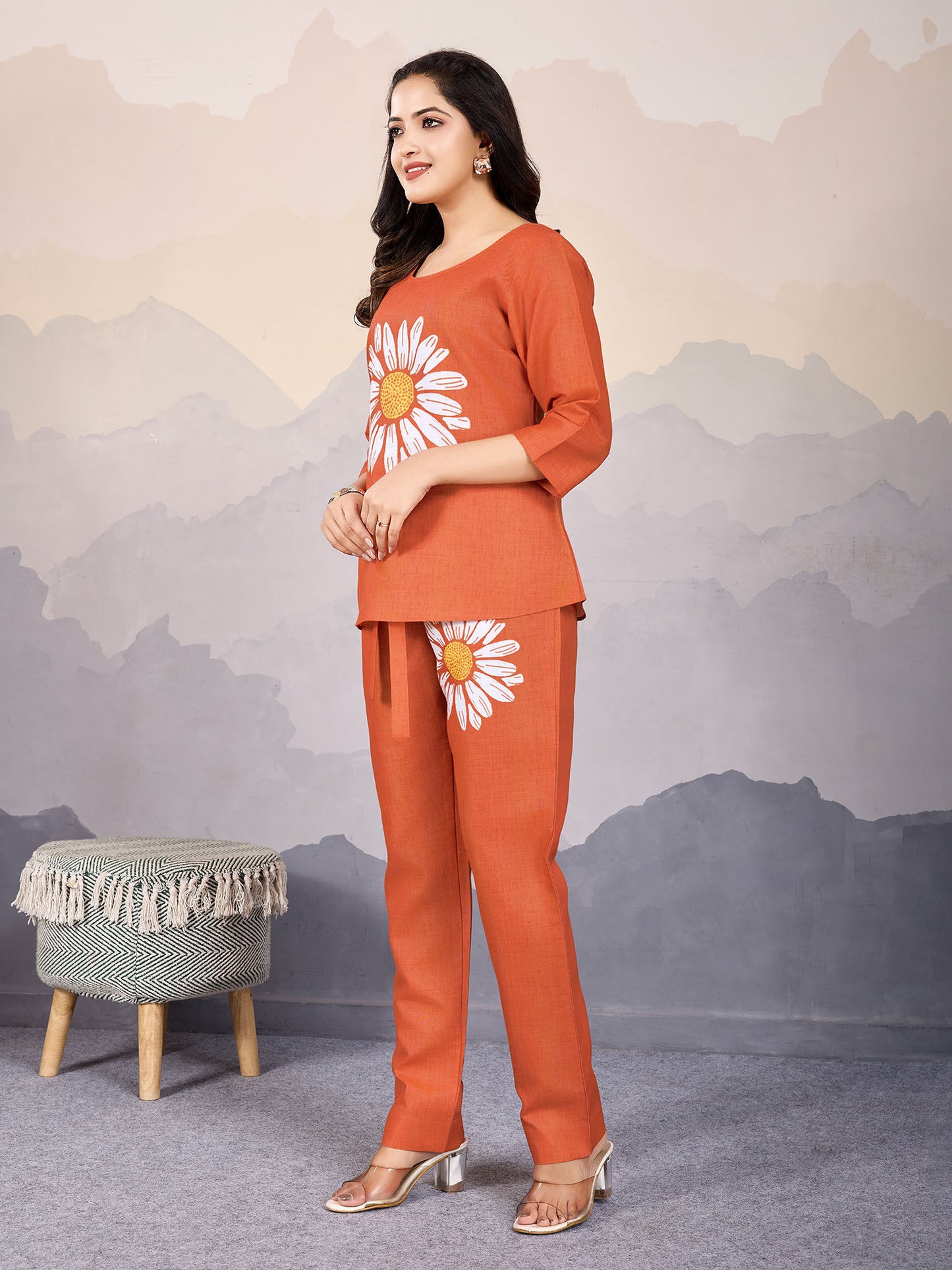 Women's Orange Linen Silk Sunflower Printed Causal Co-Ords (Set of 2)