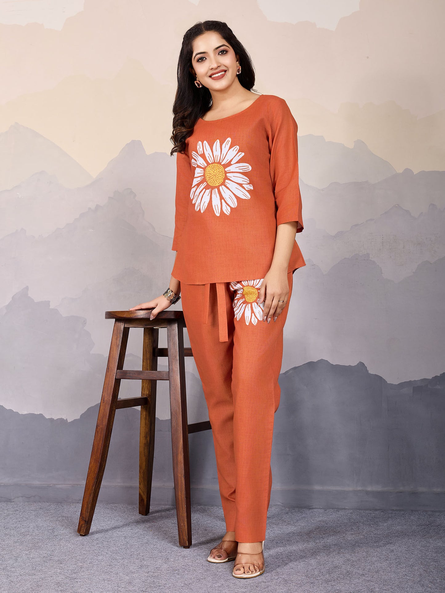 Women's Orange Linen Silk Sunflower Printed Causal Co-Ords (Set of 2)