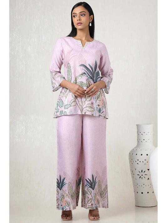 Women Pink Linen Floral Print Co-Ord (Set of 2)