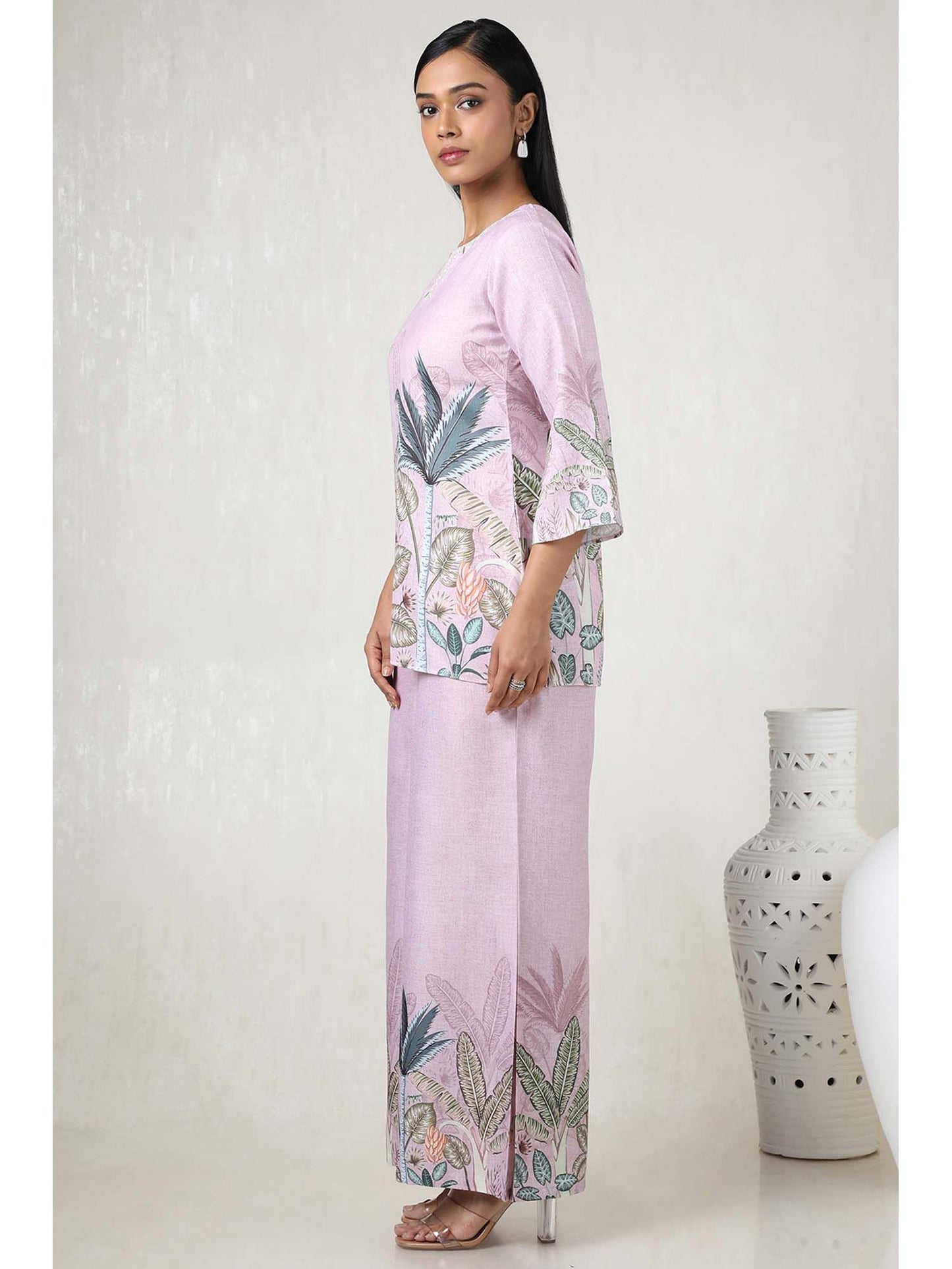 Women Pink Linen Floral Print Co-Ord (Set of 2)