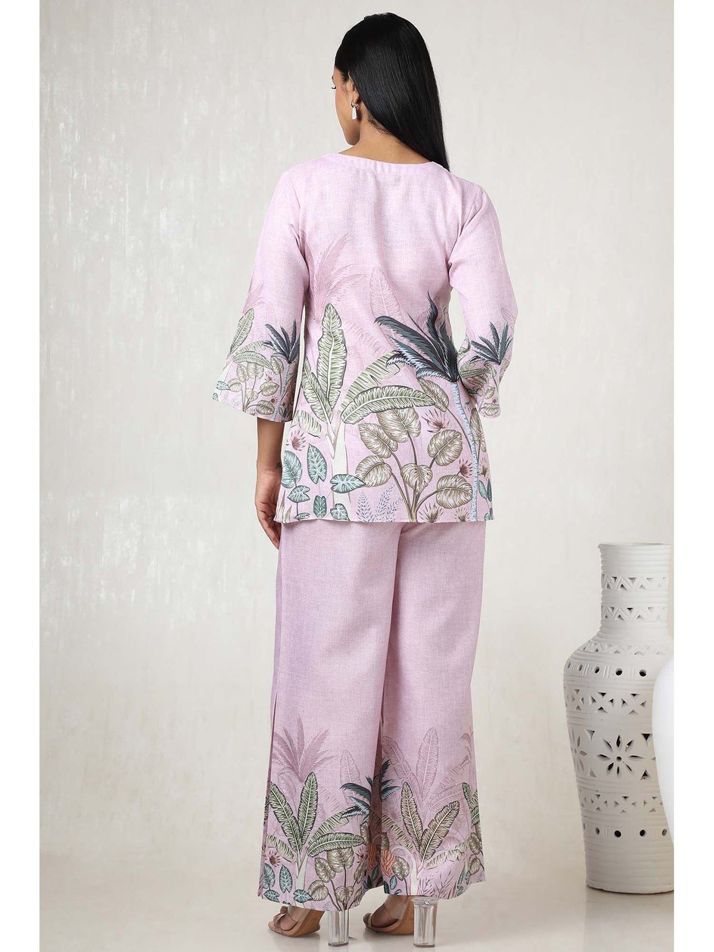 Women Pink Linen Floral Print Co-Ord (Set of 2)