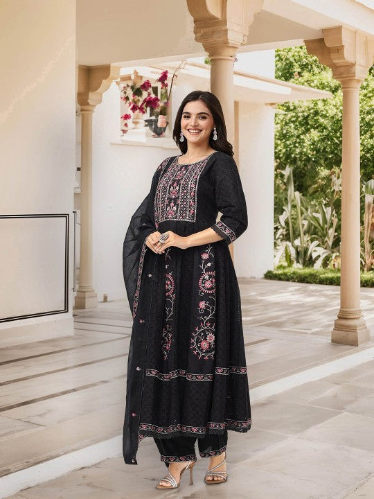 Ishin Ethnic Motifs Embroidered Pure Cotton A-Line Kurta With Trousers & Dupatta