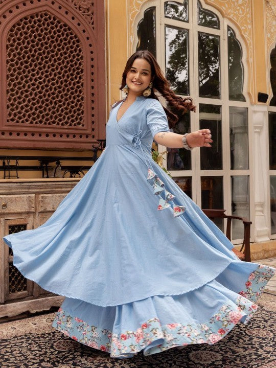 Mandarin Collar Pure Cotton Angrakha Kurta with Skirt And Dupatta