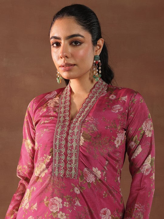 Floral Printed V-Neck Thread Work Kurta