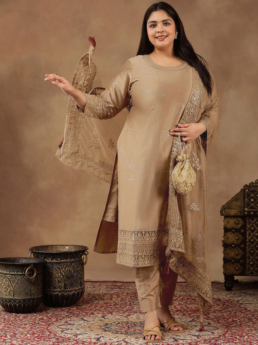 INDDUS PLUS Size Abstract Printed & Embroidered Kurta With Trousers & Dupatta