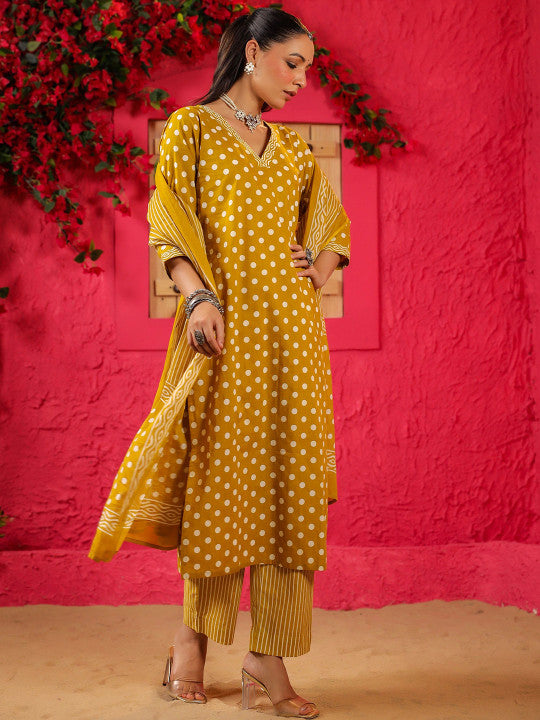 DIMPLE DESIGN STUDIO Women Polka Dots Printed Regular Kurta with Trousers & With Dupatta