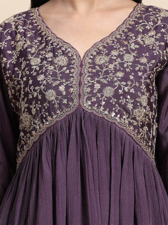 Trendmalls Floral Embroidered Pleated Sequinned Silk Chiffon Kurta