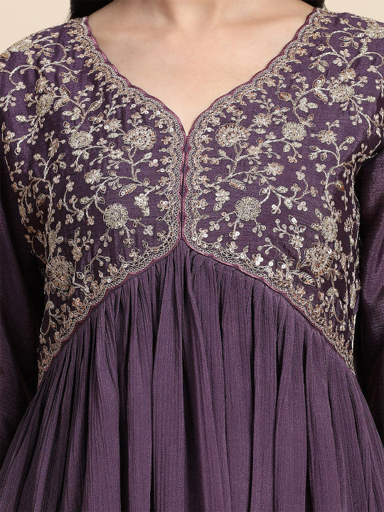 Trendmalls Floral Embroidered Pleated Sequinned Silk Chiffon Kurta With Trousers & Dupatta