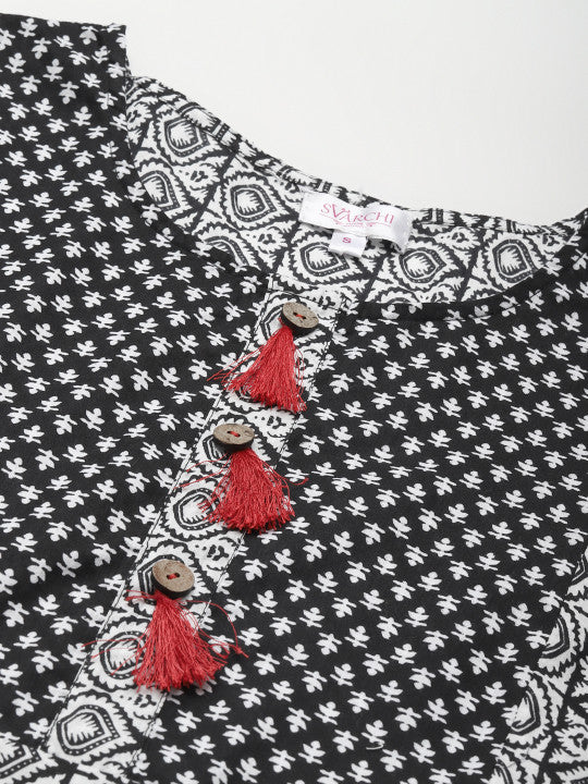 SVARCHI Women White & Black Ethnic Motifs Printed A-Line Midi Dress