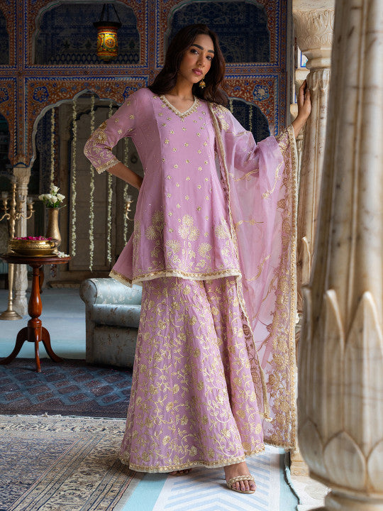 WISHFUL Floral Embroidered Sequinned V-Neck Panelled A-Line Kurti With Sharara & Dupatta