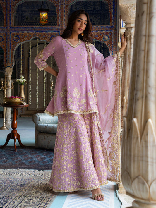 WISHFUL Floral Embroidered Sequinned V-Neck Panelled A-Line Kurti With Sharara & Dupatta