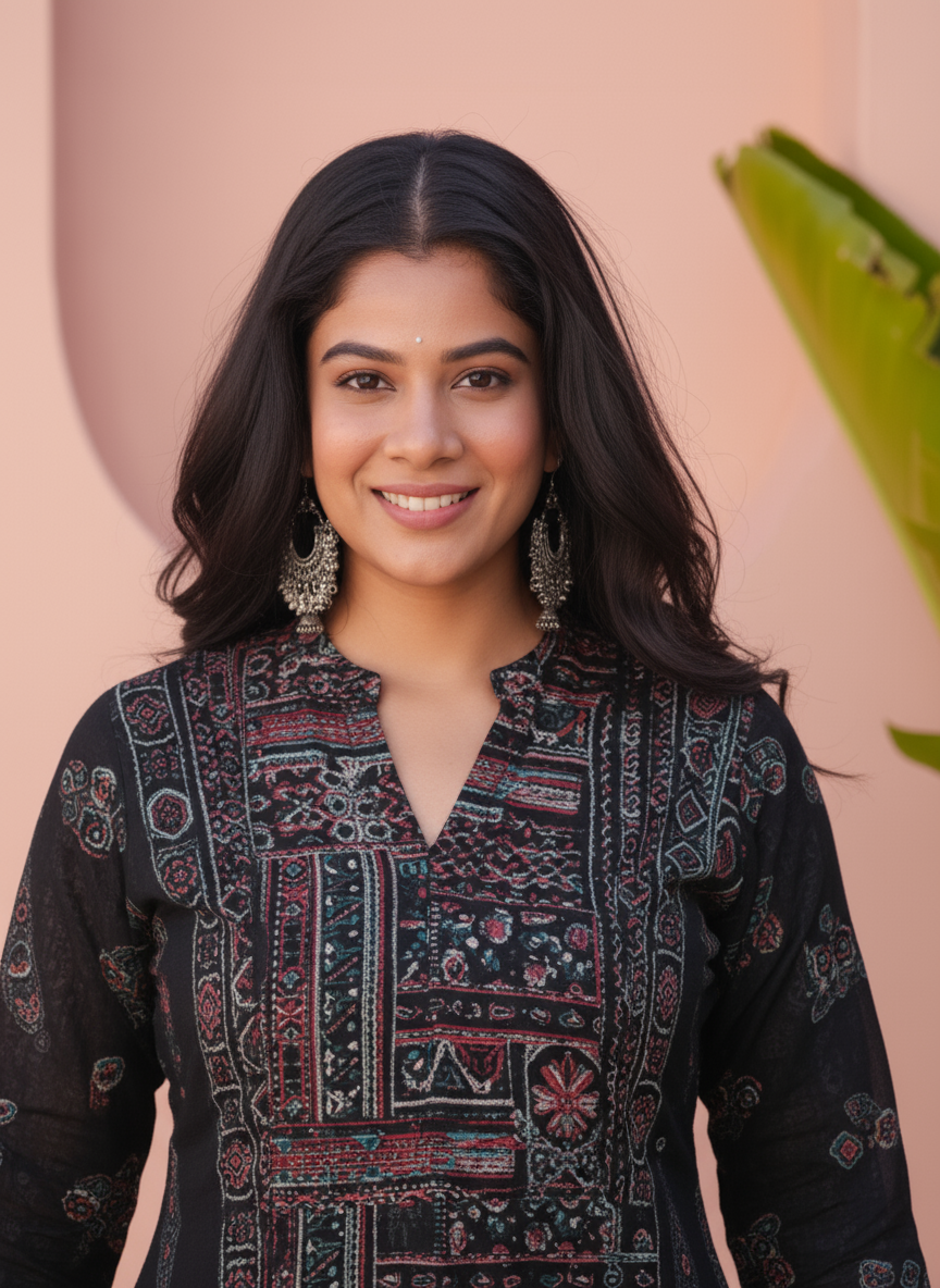 Viscose Patchwork Straight Black Kurta