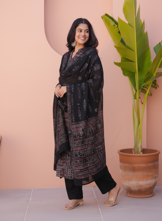 Viscose Patchwork Straight Black Kurta