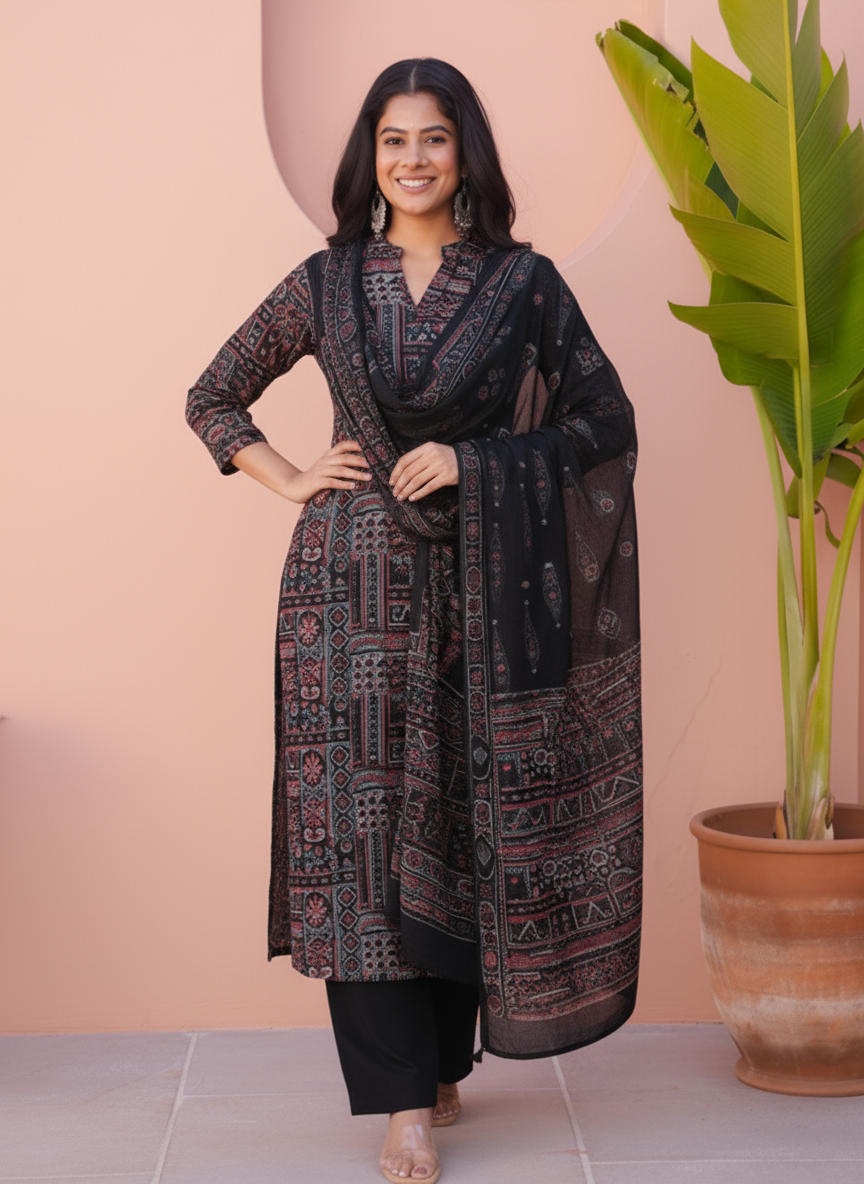 Viscose Patchwork Straight Black Kurta